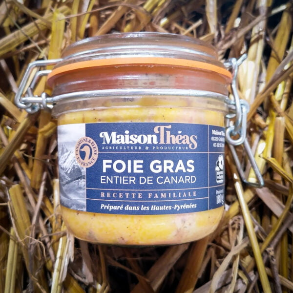 Pot de 180g de foie gras entier de canard de la Maison Théas, agriculteur et producteur, recette familiale préparé dans les Hautes-Pyrénées.