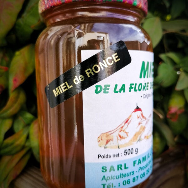 Vue de côté d'un pot de 500g de miel de Ronce de la flore des Pyrénées produit par la famille Legrand à Bégole dans les Hautes-Pyrénées