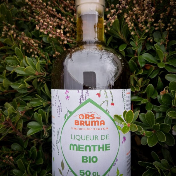 Photo zoomée d'une bouteille Liqueur de Menthe bio produite en Val d'Azun par la ferme-distillerie Ors na Bruma.