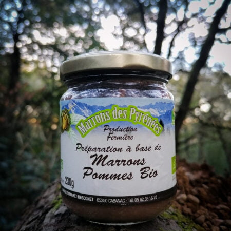 Photo d'un pot de Confiture de Marrons et Pommes Bio de la Production Fermière des Marrons des Pyrénées posé sur un tronc d'arbre dans la forêt. c'est un pot de 230g