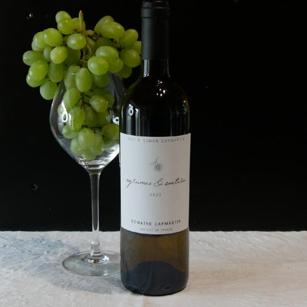 Bouteille de vin blanc agrumes & caetera millésime 2022 du domaine Capmartin avec un verre et du raisin vert dedans