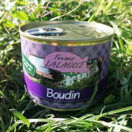 Pot de Boudin de la Ferme Lalaque qui élève ses porcs en plein air à Sauveterre dans les Hautes-Pyrénées.