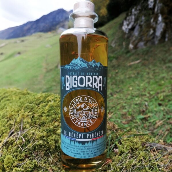 Photo d'une bouteille de génépi Pyrénéen qui s'appelle Bigorra dans les montagnes Pyrénéenne par la distillerie d'Occitanie