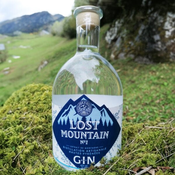 Bouteille de Gin Lost Mountain posée au pied des montagnes,la distillation est artisanale et faite dans les hautes-pyrénées