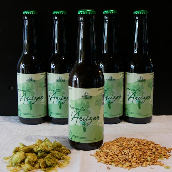 Bières dont l'étiquette est verte posés les unes à coté des autres avec le houblon et le malt au premier plan
