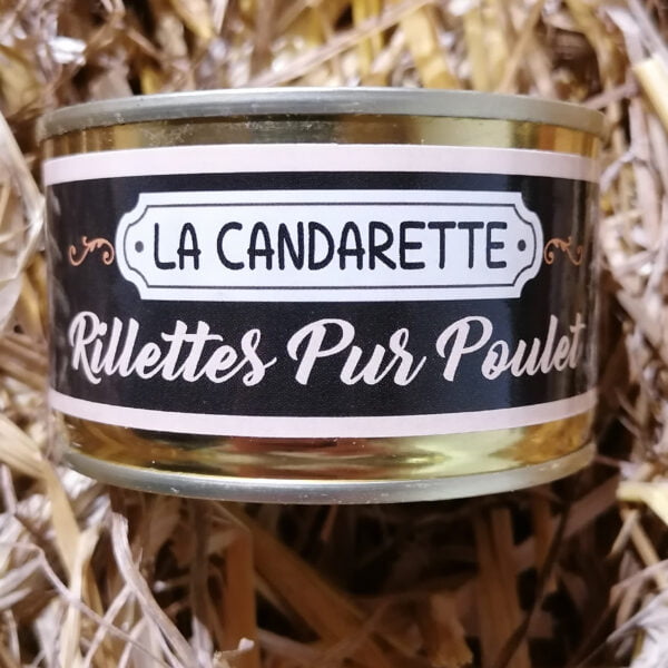 Photo d'un petit pot de Rillettes Pur Poulet posé sur du foin et produit par La Canderette