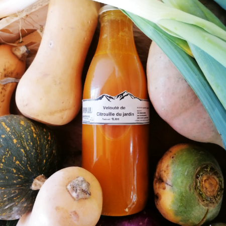 Une bouteille de velouté de citrouille du jardin de 1 Litre de La cuisine de Marcelline, vue de dessus et entouré de légumes