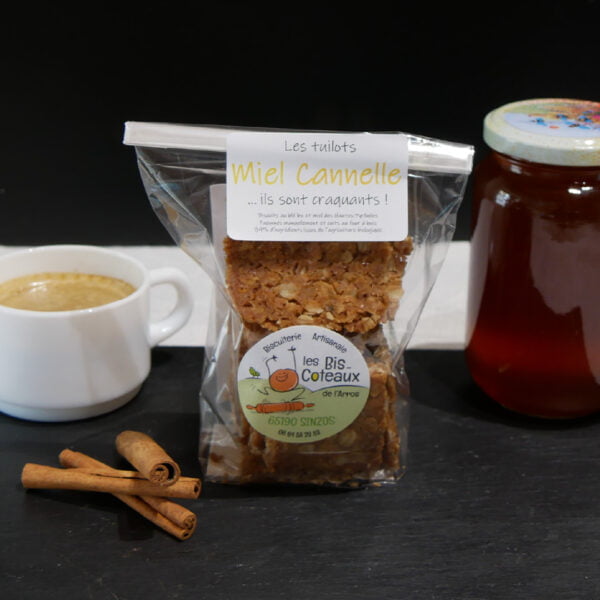 Biscuits miel et cannelle avec pot de miel tasse de café et morceau de cannelle sur plateau noir