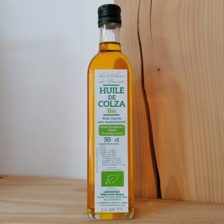 Bouteille de 50cl d'huile de colza bio vue de face produite par les délices du piarrot