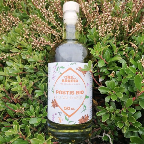 Bouteille de 50 cl de Pastis bio du Val d'Azun posé dans un buisson et produite par la ferme-distillerie Ors na Bruma.