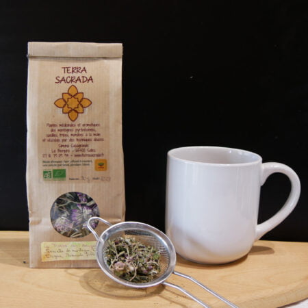 Mise en scène de tisane avec extrait de la tisane sachet et tasse blanche