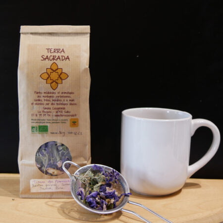 Sachet de tisane avec tasse et chinois sur bois