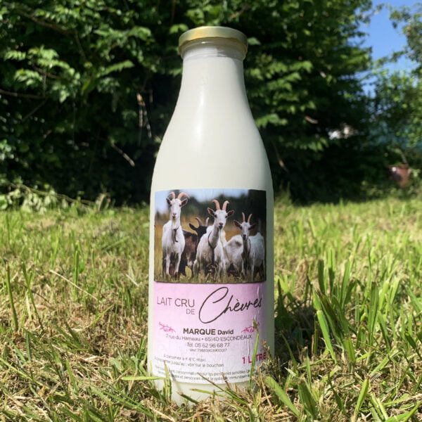 Bouteille de 1L de lait cru de chèvre posé au sol dans l'herbe devant un buisson