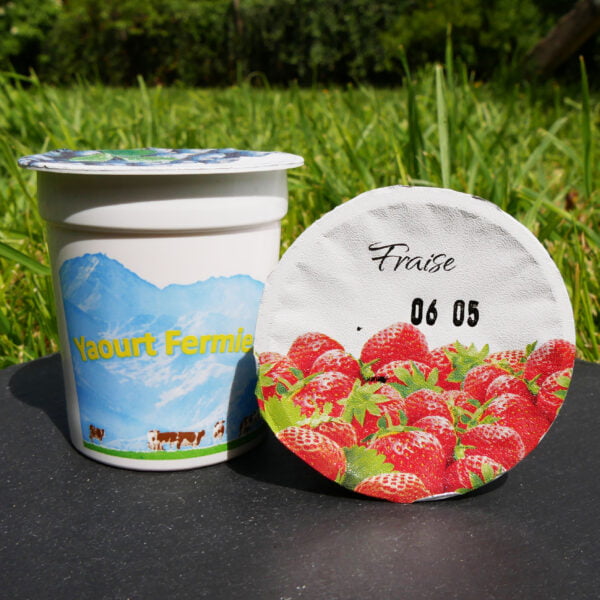 Photo de pots de yaourt à la fraise de chez GAEC du tilleul, producteur des hautes pyrénées posées sur un plat noir dans l'herbe