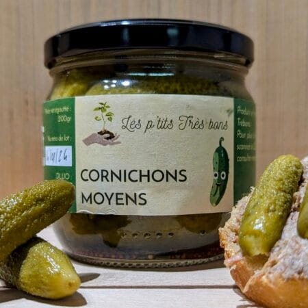 Pot de cornichons bio, juste derrière 2 cornichons et une tartine de pâté avec 2 demi-cornichons dessus. le tout sur fond couleur bois