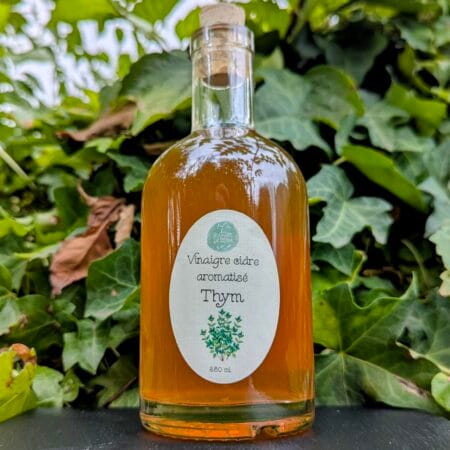 une bouteille de vinaigre de cidre de couleur ocre clair, une étiquette beige manufacturée, posé sur une ardoise alimentaire, devant un fond de lierre
