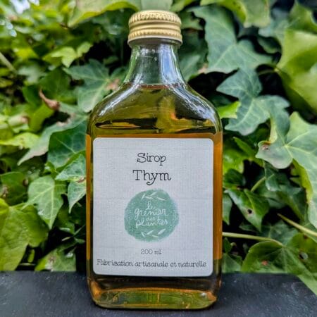Une flasque de Sirops au Thym mise en valeur par un fond végétal et un socle en adroise
