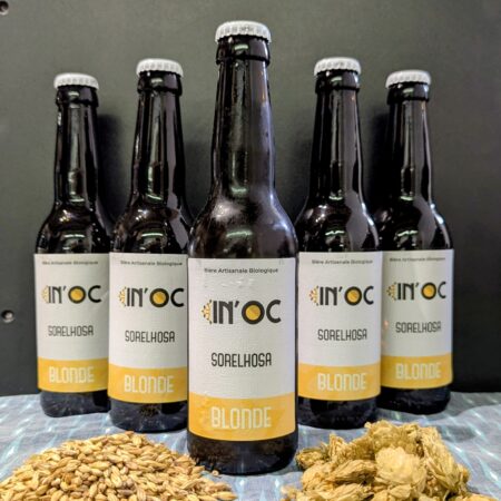 En premier plan du houblon et du malt, au second des blondes du brasseur In'Oc de Trie (65) et en fond une planche noir
